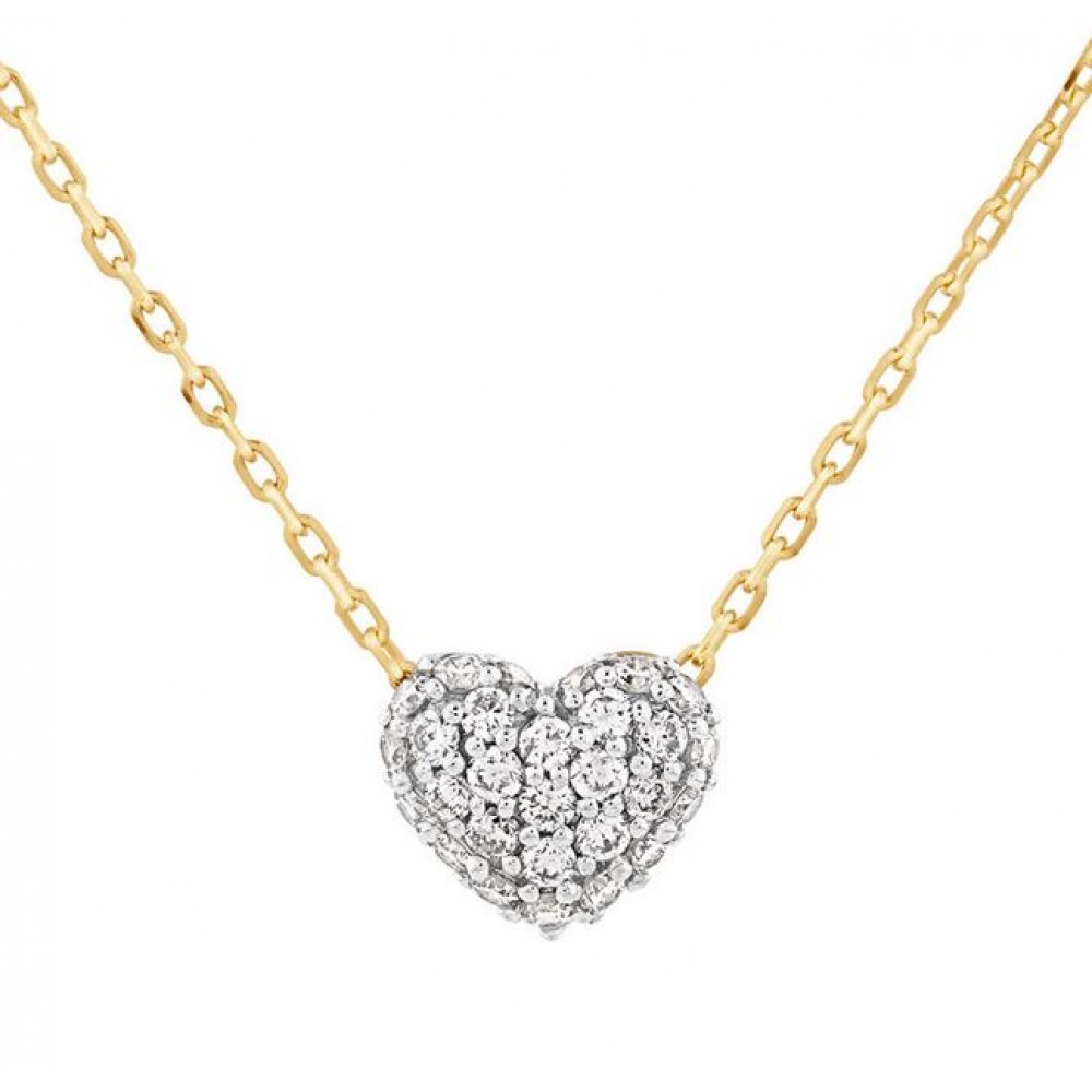 Mini Puff Heart Necklace with .12TW of Diamonds in 10kt Yellow Gold and Rhodium