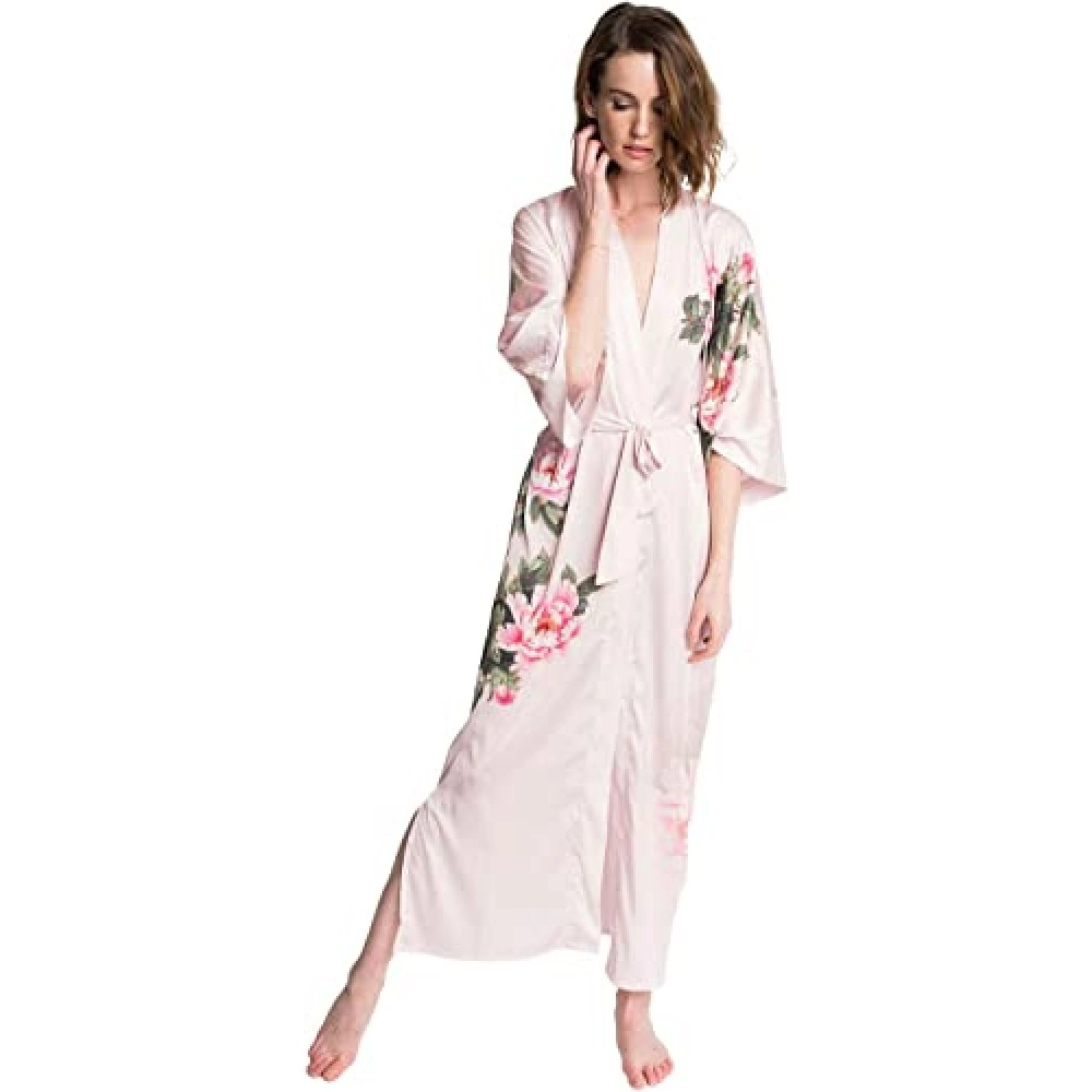 Women's Charmeuse Kimono Robe Long - Watercolor Floral 
